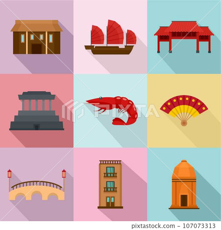 Asia journalism icons set. Flat set of 9 asia journalism vector icons for web isolated on white background 107073313