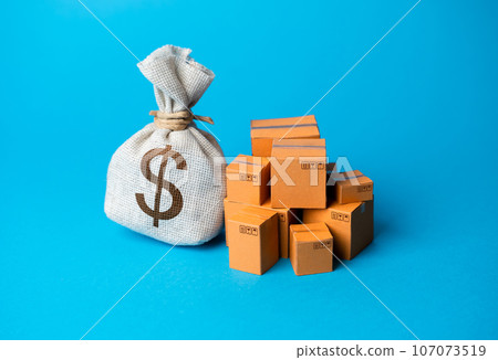 Goods boxes and dollar money bag. Efficient logistics and distribution systems. Trade balance. Global currency. Trade deal. Import and export. 107073519