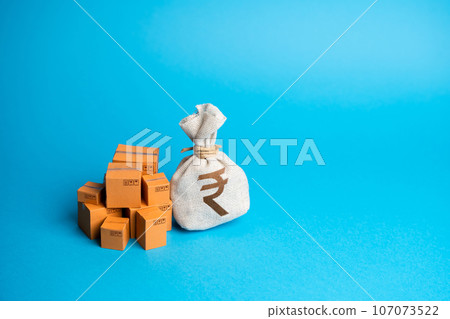 Boxes with products and Indian rupee money bag. Economic growth and stability of a country. Profit from trading. Economy GDP. Import and export. Boxes with products and Indian rupee money bag. Economic growth and stability of a country. Profit from trading. Economy GDP. Import and export. 107073522
