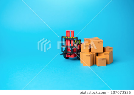 Boxes of goods and forklift. Warehouses, manufacturing facilities, and distribution centers. Inventory accuracy. Supply chain optimization. Efficient logistics and distribution systems. Boxes of goods and forklift. Warehouses, manufacturing facilities, and distribution centers. Inventory accuracy. Supply chain optimization. Efficient logistics and distribution systems. 107073526
