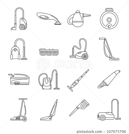 Vacuum cleaner washing appliance icons set. Outline illustration of 16 vacuum cleaner washing appliance vector icons for web 107073706