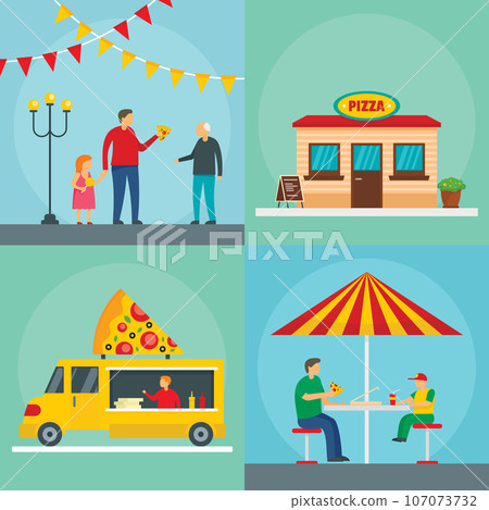 Pizza festival food party banner concept set. Flat illustration of 4 pizza festival food party vector banner concepts for web 107073732