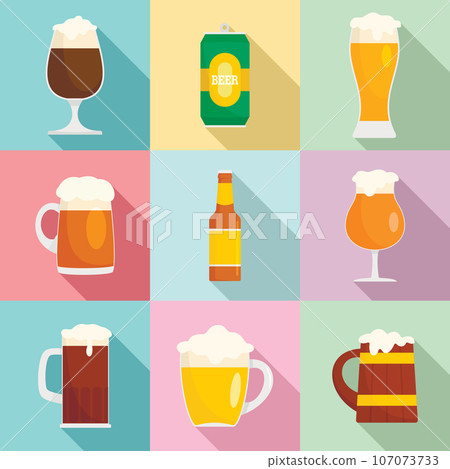 Beer bottles glass craft wine mug icons set. Flat illustration of 9 beer bottles glass craft wine mug vector icons for web 107073733