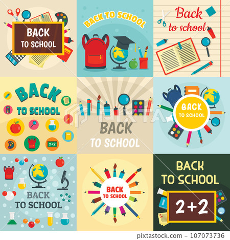 Back to school kids tools supplies banner concept set. Flat illustration of 9 back to school kids tools supplies vector banner concepts for web 107073736