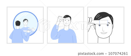 Set of stages character self measuring pupil distance with ruler for order glasses. Flat modern cartoon style blue color 107074261