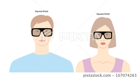 Squared Shield frame glasses on women and men flat character fashion accessory illustration. Sunglass front view unisex Squared Shield frame glasses on women and men flat character fashion accessory illustration. Sunglass front view unisex 107074263
