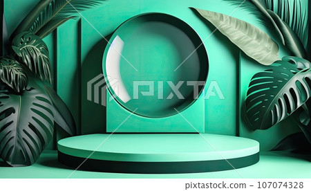 Green podium in modern tropical background for product placement 3d render. AI Generative Green podium in modern tropical background for product placement 3d render. AI Generative 107074328