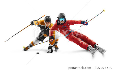 Sport in action. Skiing and hockey. Winter sports. Two professional athletes. Sport collage. Isolated in white 107074329