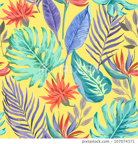Realistic tropical pattern with monstera leaves and red flowers. Vector illustration. Realistic tropical pattern with monstera leaves and red flowers. Vector illustration. 107074371