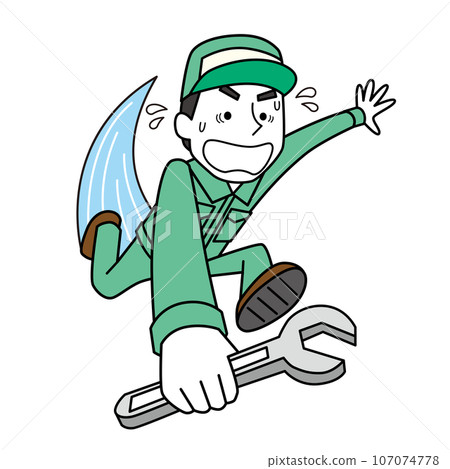 A male worker hurriedly performs repairs A male worker hurriedly performs repairs 107074778