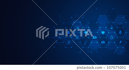 Illustration of healthcare and technology concepts with flat icons and symbols. Template design for health care business, innovation medicine, science background, medical research 107075001