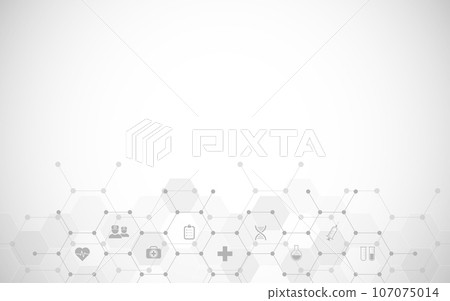 Illustration of medical background and healthcare technology with flat icons and symbols. Design template of concept and idea for health care business, innovation medicine, health safety, science 107075014