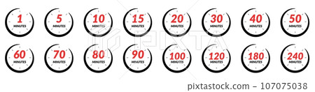 Clock icon with 5, 15, and 30-minute timer marks, stopwatch and chrono functionalities. for countdowns and time management. Flat vector illustrations isolated in background. 107075038