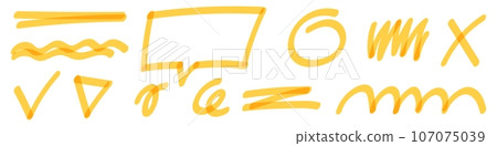 Brush and yellow highlight with marker pen, underline and line elements. Flat vector illustrations isolated in background. 107075039