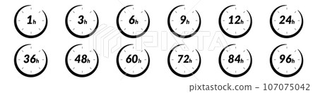 24h and 48h fast delivery time icon. Clock showing 12 and 6 hours, for sale and fast delivery logo. Represents 24, 36, and 72 hrs. Flat vector illustrations isolated in background. 107075042
