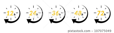 Hour icon with 12 and 24 clock formats, for 48h or 72h fast delivery and special day sales. Includes timer, arrow, and open effects. Flat vector illustrations isolated in background. 107075049