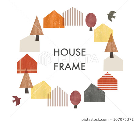 Scandinavian collage style watercolor house and cityscape frame autumn colors 107075371