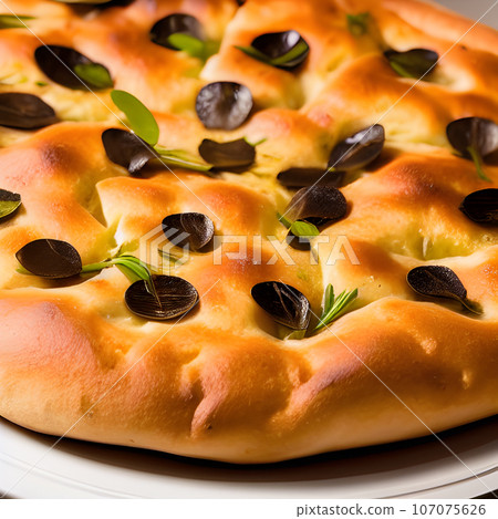 Italian focaccia bread with rosemary and garlic served on plate Italian focaccia bread with rosemary and garlic served on plate 107075626