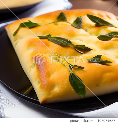 Italian focaccia bread with rosemary and garlic served on plate 107075627