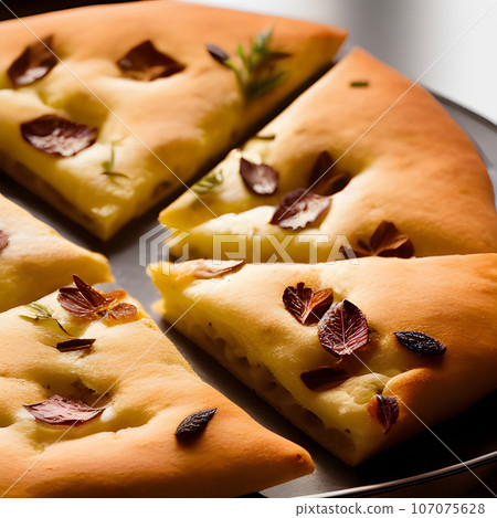 Italian focaccia bread with rosemary and garlic served on plate Italian focaccia bread with rosemary and garlic served on plate 107075628