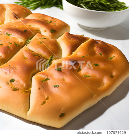 Italian focaccia bread with rosemary and garlic served on plate 107075629