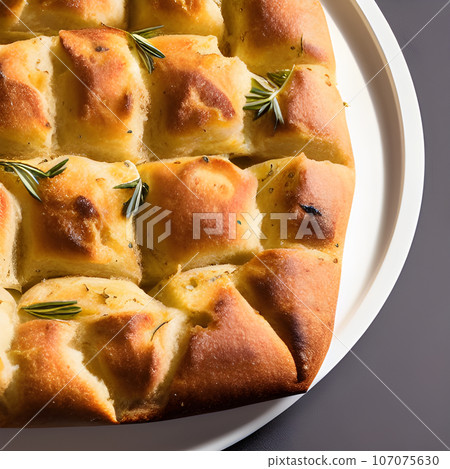 Italian focaccia bread with rosemary and garlic served on plate Italian focaccia bread with rosemary and garlic served on plate 107075630