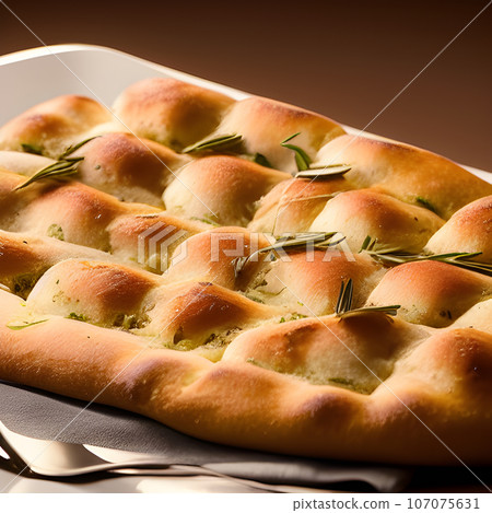 Italian focaccia bread with rosemary and garlic served on plate Italian focaccia bread with rosemary and garlic served on plate 107075631
