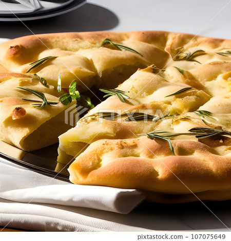 Italian focaccia bread with rosemary and garlic served on plate Italian focaccia bread with rosemary and garlic served on plate 107075649