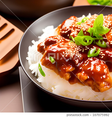 crispy fried sesame chicken in galbi sauce with pickled radish crispy fried sesame chicken in galbi sauce with pickled radish 107075992