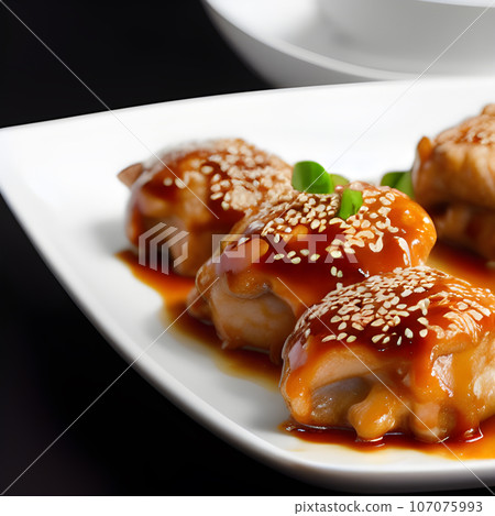 crispy fried sesame chicken in galbi sauce with pickled radish crispy fried sesame chicken in galbi sauce with pickled radish 107075993