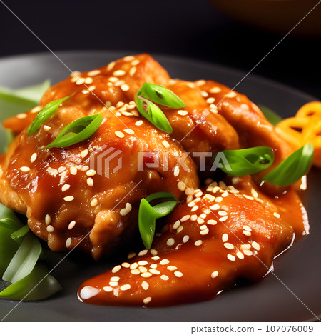 crispy fried sesame chicken in galbi sauce with pickled radish crispy fried sesame chicken in galbi sauce with pickled radish 107076009