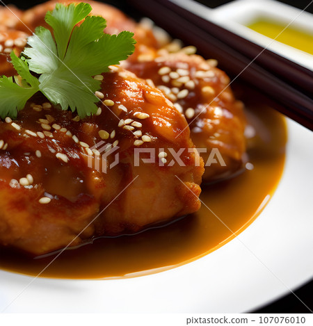 crispy fried sesame chicken in galbi sauce with pickled radish crispy fried sesame chicken in galbi sauce with pickled radish 107076010
