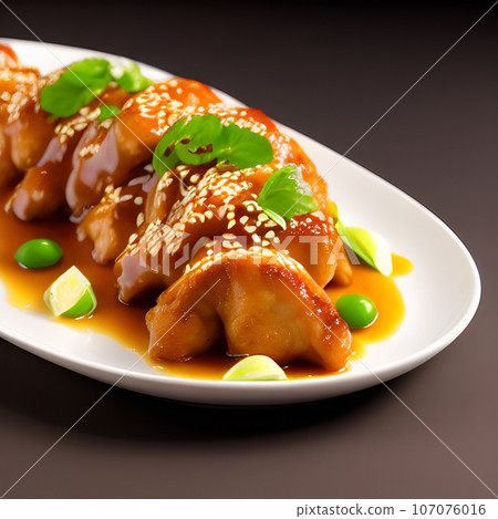 crispy fried sesame chicken in galbi sauce with pickled radish crispy fried sesame chicken in galbi sauce with pickled radish 107076016