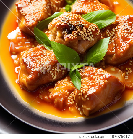 crispy fried sesame chicken in galbi sauce with pickled radish 107076017