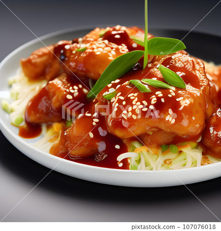 crispy fried sesame chicken in galbi sauce with pickled radish 107076018