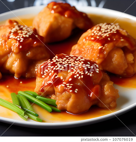 crispy fried sesame chicken in galbi sauce with pickled radish crispy fried sesame chicken in galbi sauce with pickled radish 107076019