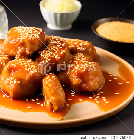 crispy fried sesame chicken in galbi sauce with pickled radish 107076020