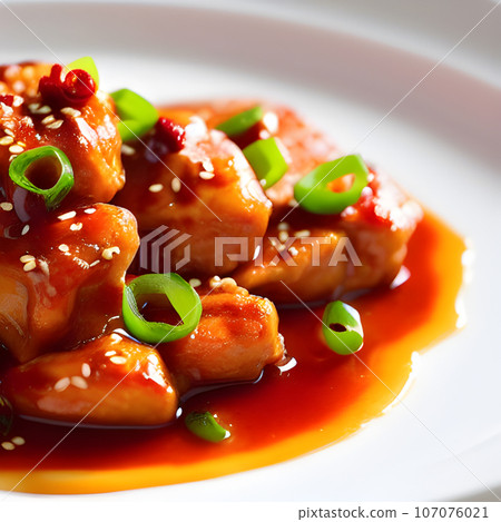 crispy fried sesame chicken in galbi sauce with pickled radish 107076021
