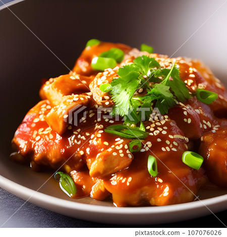 crispy fried sesame chicken in galbi sauce with pickled radish 107076026