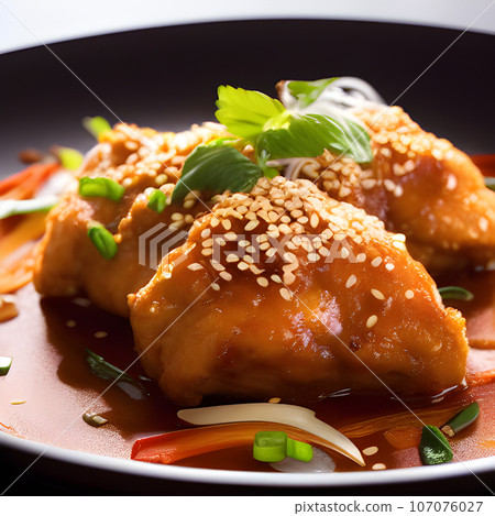 crispy fried sesame chicken in galbi sauce with pickled radish 107076027