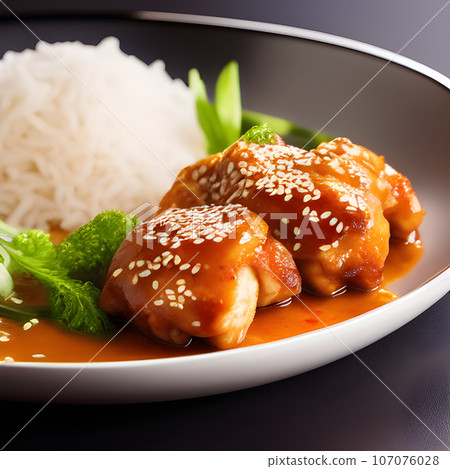 crispy fried sesame chicken in galbi sauce with pickled radish 107076028