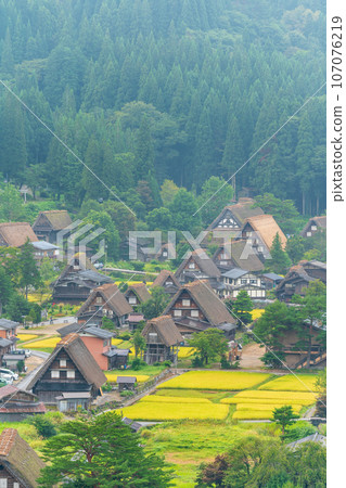 Panoramic view of Shirakawa-go from the Gifu Prefecture observation deck, a fruitful autumn Panoramic view of Shirakawa-go from the Gifu Prefecture observation deck, a fruitful autumn 107076219
