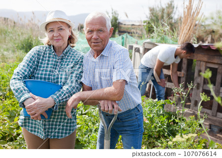 Portrait of a happy elderly couple in the garden 107076614