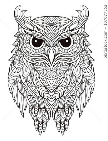 Owl Coloring Page for Adults, Full-Body Owl with Doodles for Relaxation and Stress Relief, Ai generative 107077352