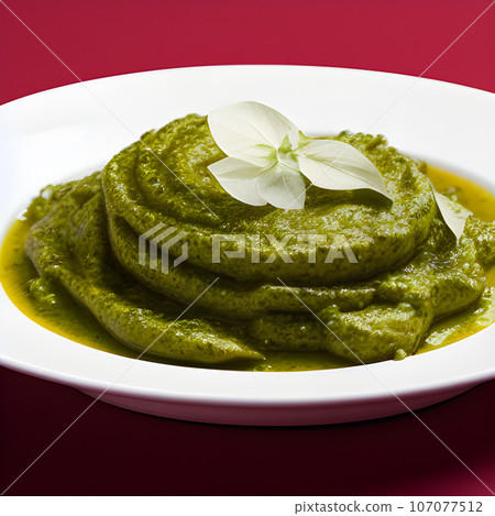 pesto alla genovese served on plate ingredients parmesan basil pine nuts pesto alla genovese served on plate ingredients parmesan basil pine nuts 107077512