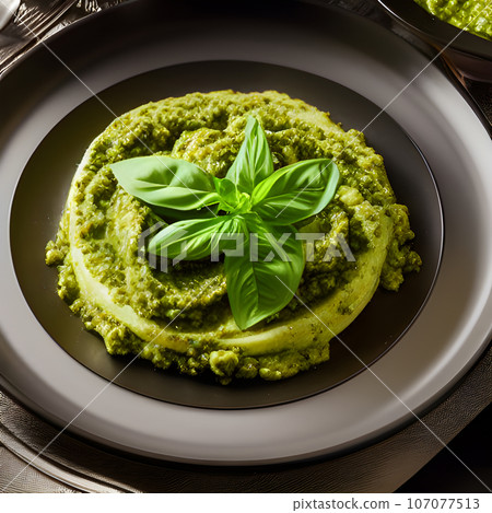 pesto alla genovese served on plate ingredients parmesan basil pine nuts pesto alla genovese served on plate ingredients parmesan basil pine nuts 107077513
