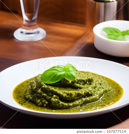 pesto alla genovese served on plate ingredients parmesan basil pine nuts pesto alla genovese served on plate ingredients parmesan basil pine nuts 107077514