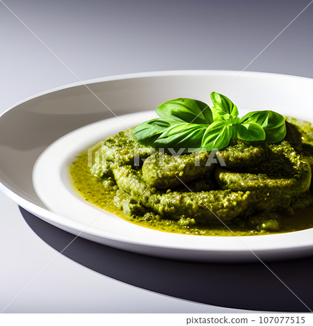 pesto alla genovese served on plate ingredients parmesan basil pine nuts pesto alla genovese served on plate ingredients parmesan basil pine nuts 107077515