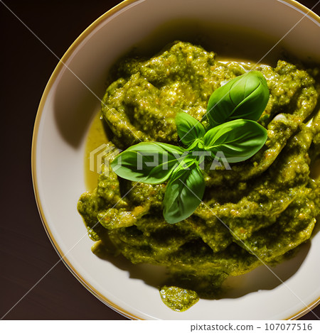 pesto alla genovese served on plate ingredients parmesan basil pine nuts pesto alla genovese served on plate ingredients parmesan basil pine nuts 107077516