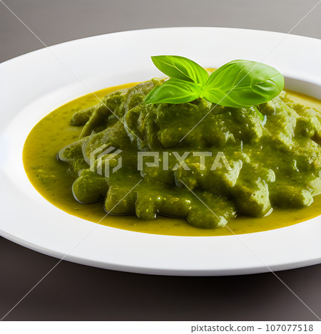 pesto alla genovese served on plate ingredients parmesan basil pine nuts pesto alla genovese served on plate ingredients parmesan basil pine nuts 107077518